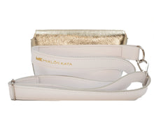 Încărcați imaginea în vizualizatorul Galeriei, White crossbody bag with gold accents and 'Miklos Kata' branding on a white background