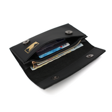 Încărcați imaginea în vizualizatorul Galeriei, Portofel negru pentru femei, vedere din interior, cu spațiu pentru carte de identitate, carduri și bancnote.