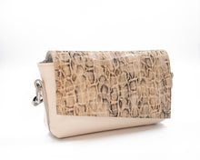 Load image into Gallery viewer, Crossbody bag with snake print top section and beige bottom section on a white background