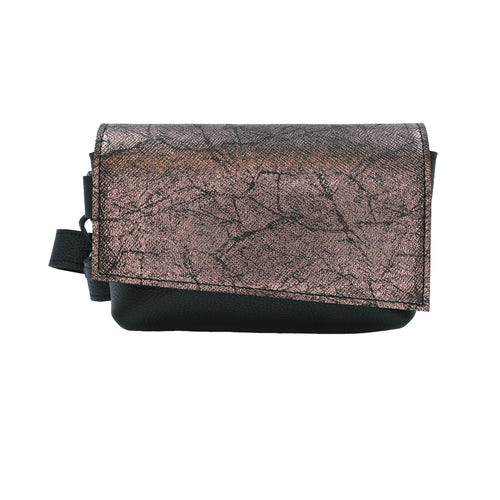 A metallic leather waist bag with a crackled texture, featuring a black leather trim and a magnetic closure. The bag has an adjustable strap and appears to be standing upright on a plain background.