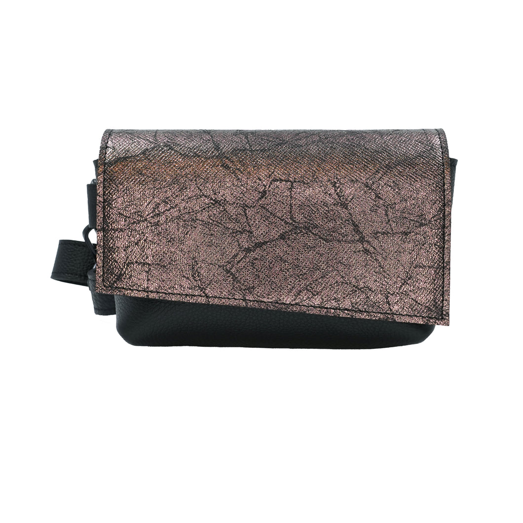 A metallic leather waist bag with a crackled texture, featuring a black leather trim and a magnetic closure. The bag has an adjustable strap and appears to be standing upright on a plain background.