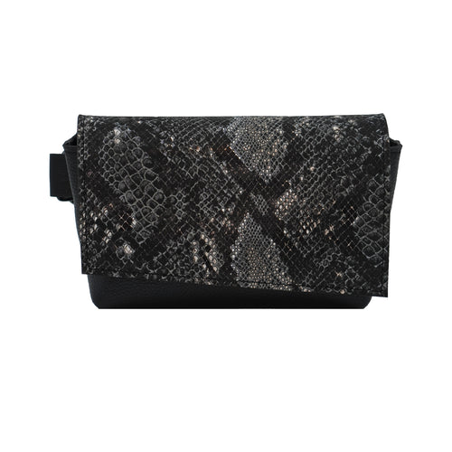 A black leather waist bag with a snake pattern, featuring a zippered closure and an adjustable strap.