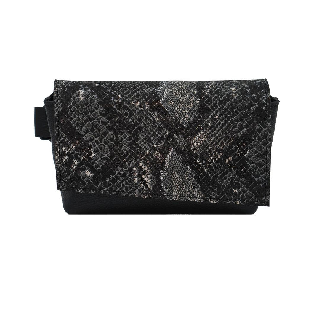 A black leather waist bag with a snake pattern, featuring a zippered closure and an adjustable strap.
