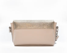 Load image into Gallery viewer, Beige handbag with metallic top section on a white background
