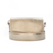 Load image into Gallery viewer, Gold metallic handbag with textured surface on a white background
