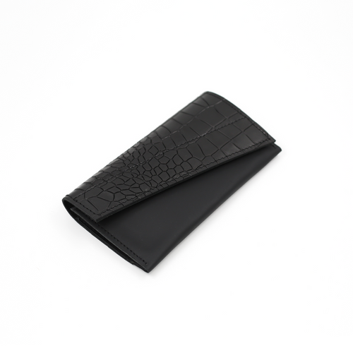 Portofel piele dama negru simplu, portofel minimalist, vedere frontala, elegant si practic
