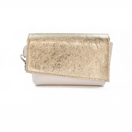 Gold glittery clutch bag on a white background
